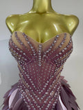 Sparkly Diamonds Leaf Sexy Mesh See Through Strapless Bodycon Dress Luxury Birthday Evening Party Outfit Nightclub Stage Costume