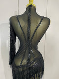 Sparkly Rhinestones Tassel Sexy See-Through Dress Women One Shoulder Latin Dance Outfits Bars Nightclub Party Stage Costume