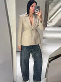 Women's Beige Tweed Blazer Jackets Fashion Lapel Long Sleeve Single Breasted Slim Coats Lady 2026 Spring Chic Office Outerwear