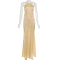 Thin Strap Diamond Back Women Maxi Dress Round Neck Cut Out Irregular Back Buckle Detail Fitted Waist Floor Length Long Dress