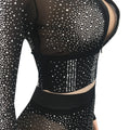 Women Hot Rhinestones Mesh See Though Zipper T-shirt and Legging Pants and Tops Matching Two 2 Piece Set Tracksuit Outfit