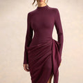 Chic Burgundy Long Sleeve Midi Dress for Women High Neck Slim Ruched Asymmetrical Skirt for Business Social Events