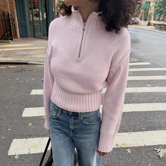 Women Half Zip Mock Neck Cropped Pullover Sweater Cable Knit Textured Waist-Cinching Street Y2K Autumn Winter Knitted Top