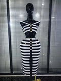 High Quality Women Sexy Slash Neck Striped 2 Pieces Bodycon Midi Bandage Dress Nightclub Party Celebrate Evening Clothing