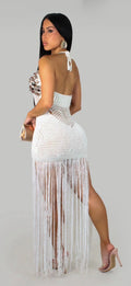 Sexy Cutout Crochet Beach Dress 2026 Summer Women One Shoulder Backless Knitted Sequined Fringe Tassel Midi Dress Clubwear