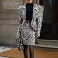 Zebra Stripe Print Two Piece Set for Women Lapel Long Sleeve Spliced Zipper Short Coat Mid Waist Knee Skirt Female