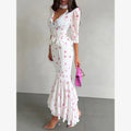 White Pink Floral Choker Neck Dress Women Elegant V-neck 3/4 Sleeves Peplum Ruffle Hem Long Dresses 2026 Lady Daily Vestidos New