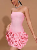 2026 Ladies 3D Flowers Strapless Tight Backless Design Celebrity Club Party Red Sleeveless Sexy Mini Bandage Dress