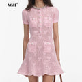 Knitted Two Piece Set for Women O Neck Spliced Beading Short Sleeve High Waist Mini Dress with Sling Solid Outfit Female New