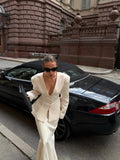 Women 2026 Spring Summer Blazer Two Piece Deep V Neck Peplum Waist Button Top Mermaid Long Skirt Commute Matching Set