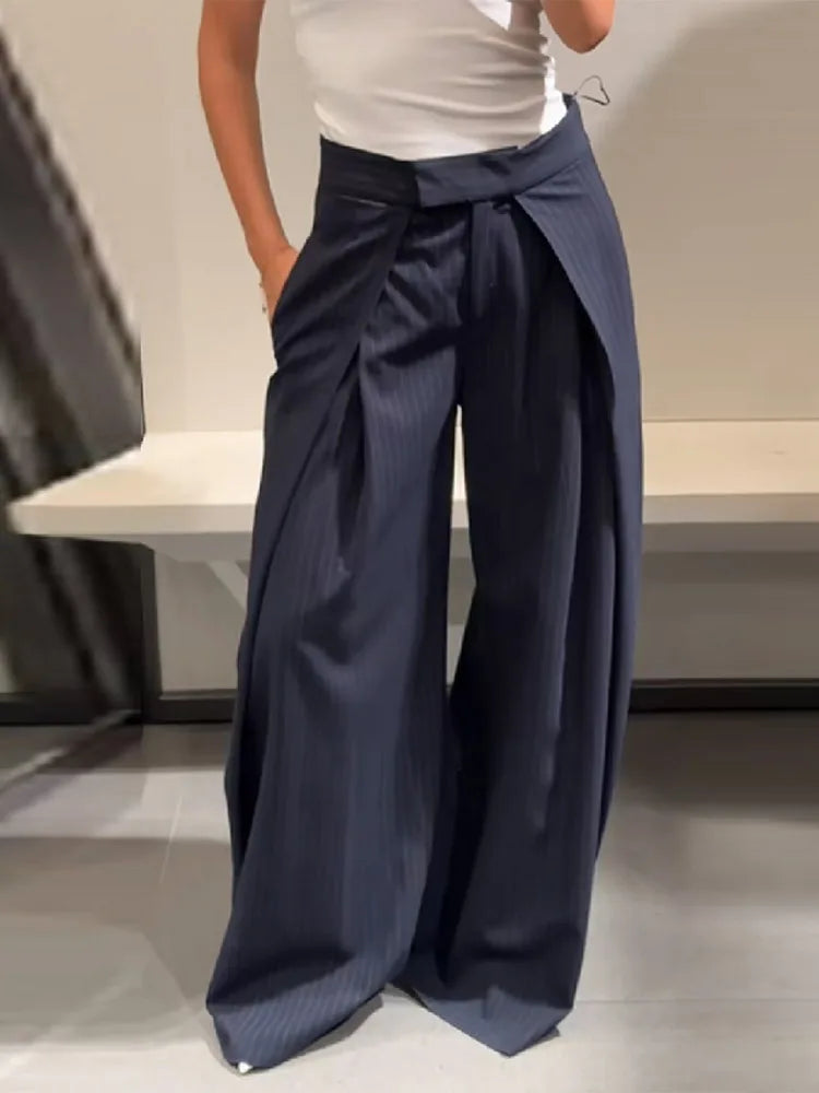 Basics Striped Design Wide Leg Pant for Women High Waist Office Temperament Trousers Female Autumn Fashion Clothes