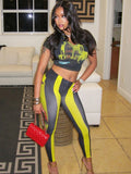 Art Print 2 Piece Set Woman o-Neck Short Sleeve Crop Tops+Skinny Peach Hip Long Pants Street Sexy Fashion Outfits