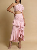 Elegant Pink Two Piece Set for Women Lace Trim Tube Top Asymmetrical Tiered Ruffles Midi Skirt Outfits for Beach Getaways