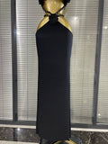 New Style Women Sexy Halter Florals Golden Sequined Bodycon Long Bandage Dress Nightclub Party Celebrate Vacation Birthday Wear