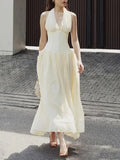 Sexy Evening Tunic Spliced Buttons Dress for Women V Neck Sleeveless High Waist Patchwork Folds Temperament Dresses Female