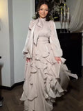Women's Shining Tiered Ruffle Long Dress Elegant Turtleneck Lantern Sleeve High Waist Maxi Dress With Scarf Lady Evening Robes