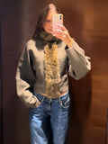 Women Olive Green Fur Collar Oversized Long Sleeve Fuzzy Trim Open Front Knit Cardigan Sweater Fall 2026 Casual Trendy New Wears