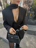 V Neck Fitted Waist Large Lapel Women Blazer Button Front Tailored Blazer With Detachable Neck Scarf Long Sleeve Casual Jackets