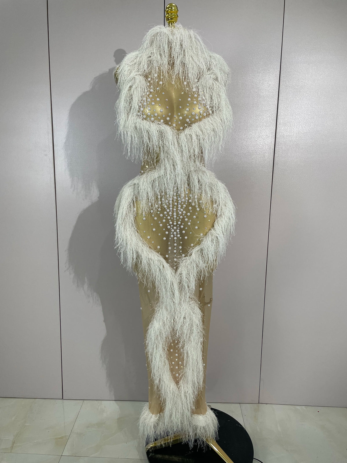 Sparkly Pearl Tassel Mesh See Through Long Dress Women Sexy Luxury Birthday Prom Party Nightclub Singer Stage Costume