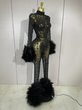 Luxury Diamond Black Mesh Transparent Stretchy Long Sleeve Jumpsuit Women Sexy Performance Singer Costume Nightclub Outfit