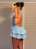 Ruched Elegant 2 Piece Set Woman Tierred Design Halter Backless Irregular Tops+Mini Shorts Beach Party Style Suits