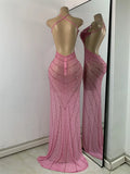 Luxury Rhinestones Pink Elegant Princess Long Dress Design Women Sexy Mesh Split Backless See Through Dresses For Special Events
