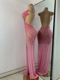 Luxury Rhinestones Pink Elegant Princess Long Dress Design Women Sexy Mesh Split Backless See Through Dresses For Special Events