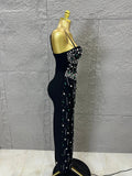 Sophisticated Black Bandage Midi Dress Women Spaghetti Strap Sweetheart Neck Rhinestone Emerald  Bodycon Evening Gown