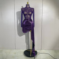 Sexy Mesh See Through Purple Long Sleeves Mini Dress Luxury Sparkly Diamond Birthday Evening Party Nightclub Team Stage Costume
