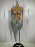 Sparkly Rhinestone Golden Sequins Tassel Sexy Transparent Dress Women Evening Birthday Party Nightclub Dance Singer Stage Outfit