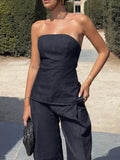 American Retro Two Piece Set for Women Strapless Sleeveless Tank Tops High Waist Wide Leg Pants Denim Suit Female