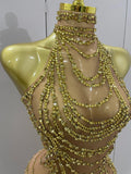 2026 Women Birthday Party Gown Stage Singer Performance Costume Luxury Sparkly Gold Rhinestone Sexy Transparent Mesh Long Dress