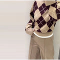 Argyle Jacquard Knit Pullover Women Khaki Crew Neck Drop Shoulder Flare Sleeve Sweater Autumn Winter Vintage Casual Fashion Top