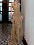 Solid Evening Spliced Folds Dress for Women Halter Sleeveless High Waist Pachwork See Through Backless Maxi Dresses Female
