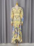 Yellow Floral Print Puff Sleeve Maxi Dress for Women Deep V Neck High Waist Asymmetrical Ruffle Hem Skirt for Garden Parties