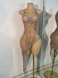Women Sexy Sleeveless Rhinestones Chic Evening Gown Mesh See Through Performance Dance Costume Singer Stage Wear