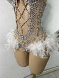 Luxury Women Sexy Shiny Crystal Feathers Hollow Out Bodysuit Nightclub Performance Dance Costume Nightclub Singer Stage Wear