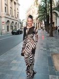 Women Zebra Stripe Long Dress Fashion Elegant Lace Up Full Sleeve Slim-fit Robes 2025 New Evening Party Fashion Lady Vestidos