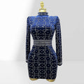 Women's Autumn Winter Rhombus Rhinestone Waist-Hugging Blue Velvet Dress Glam Luxury Party Evening Stage Performance Gown Dress