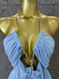 Sexy Halter Neck Maxi Dress Crystal Chain Cutout Ruched Women Sheer Mesh Form Outfit Glamorous Evening Gala Party Costume