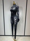 Women Sexy Black Rhinestone Stretch Bodycon Jumpsuit Club Evening Party Birthday Wear Singer Dancer Stage Perform Costume
