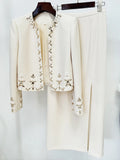 New Arrival Elegant Lady 2 Piece Skirt Set Bead Crystal Suit Long Sleeve Jacket Slim Split Midi Skirt Women 2 Pcs Outfit