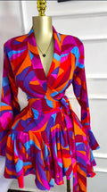 Women Tie Dye Print Flare Long Sleeve Wrap V-neck with Sashes Ruffle Dress 2026 Elegant Vacation Party Birthday Dresses
