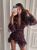 Elegant Flora Painted Ruffle Mini Dress Women Sexy Full Sleeve Deep V-neck Slim Short Robe 2026 Summer New Lady Party Club Wears