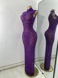 Luxury Purple Rhinestones Long Party Dress Celebrity Women Sexy Sleeveless Mesh See Through Prom Gown Club Birthday Dresses