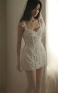 Customized White Spaghetti Strap Wedding Dresses Sleeveless Lace-Up Elegant Bridal Gowns Beaded Mini Wedding Gowns