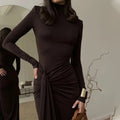 Elegant Turtleneck Curvy Brown Dress Women's Sexy Long Sleeve Shoulder Pad Party Evening Tight Elastic Dresses Winter New Black