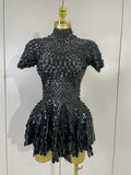 Sparkly Sequins Bodysuit Short Dress Women Sexy Nightclub Dancer DJ Stage Performance Wear Luxury Birthday Party Festival Outfit