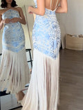 French Retro Floral Printing Dresses for Women Halter Sleeveless High Waist Spliced Tassel Hem Midi Dress Female