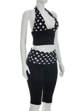 Patchwork 2-Piece Set Women Backless Halter Low-Neck Vest+Folds Elastic Waist Short Fashion Polka Dot Print Suits